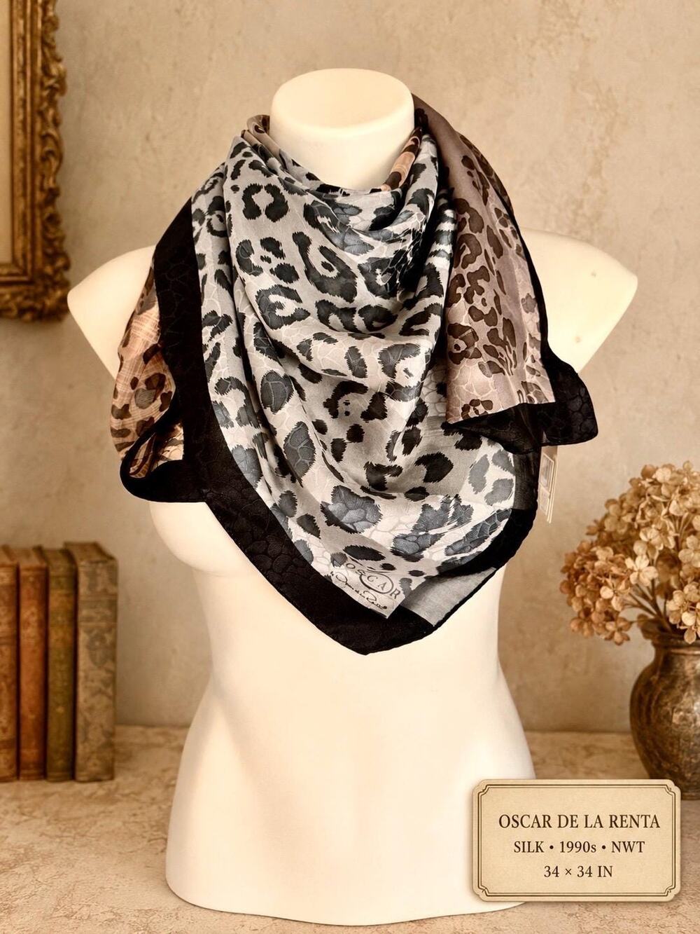 Vintage Oscar de la Renta Silk Leopard Tiger Patchwork 90s Scarf NWT 34in
